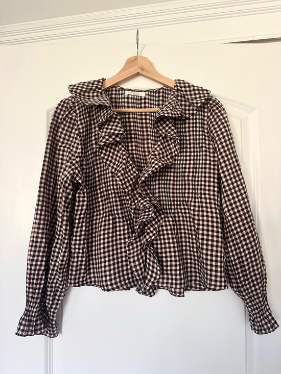 Doen Tops - Doen Hardy Delphine Plaid Brown & White Gingham Ruffle Blouse